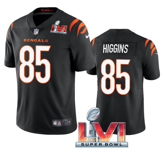Men's Cincinnati Bengals #85 Tee Higgins 2022 Black Super Bowl LVI Vapor Limited Stitched Jersey Men's Cincinnati Bengals #85 Tee Higgins 2022 Black Super Bowl LVI Vapor Limited Stitched Jersey